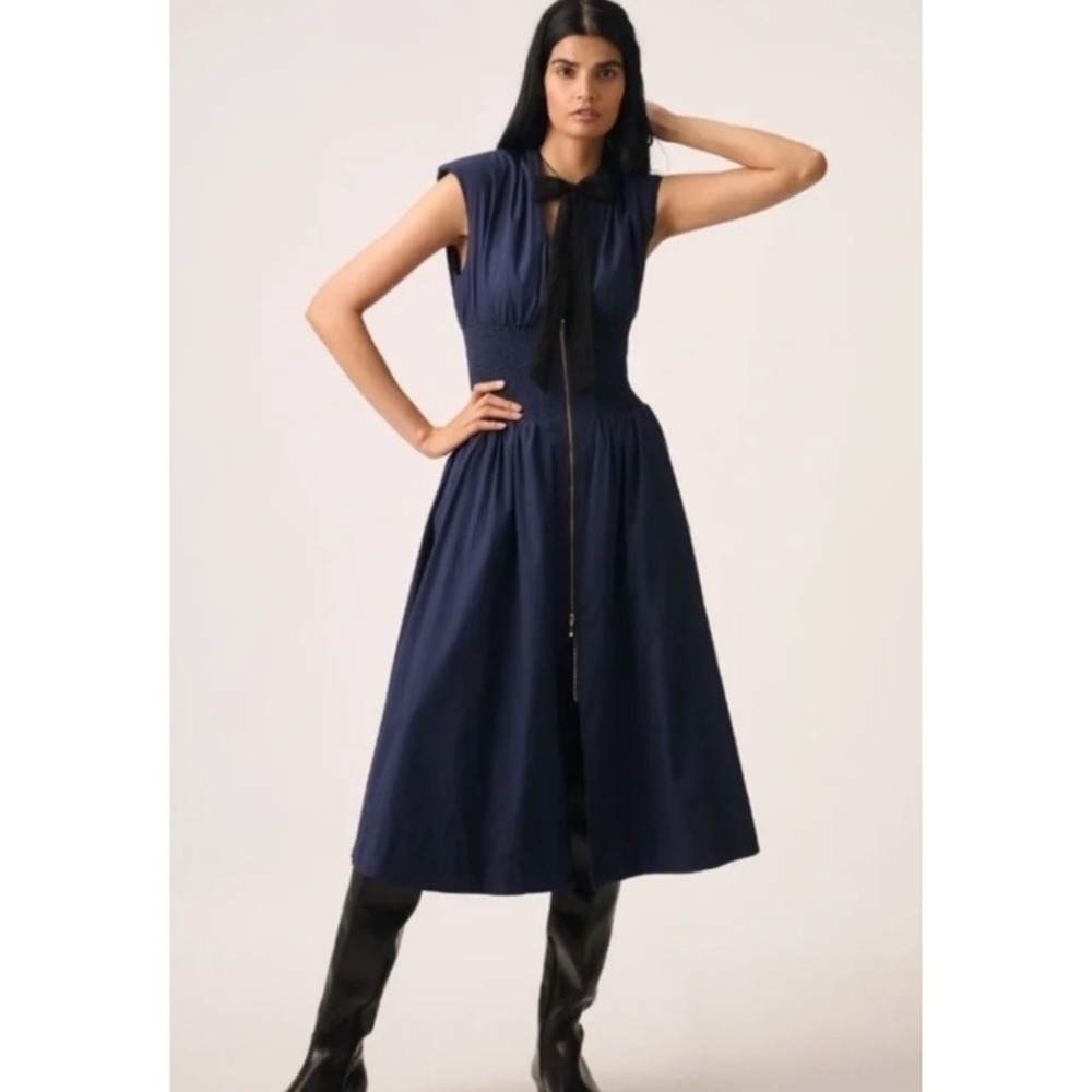 By Anthropologie Tommie Cap-Sleeve Smocked Zip Midi Shirt Dress in Blue sz M